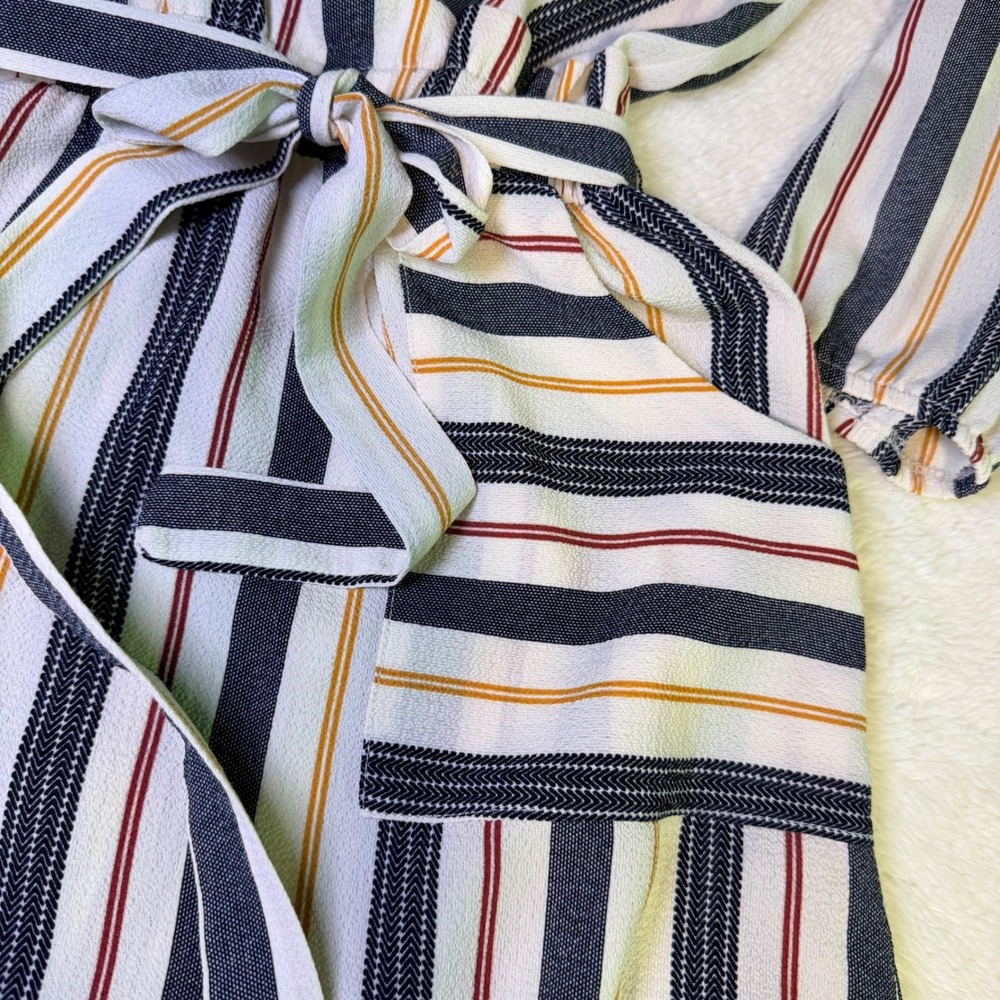 Monteau Los Angeles Striped Wrap Dress Navy Orange Cream V-Neck Pockets Large - Picture 7 of 16